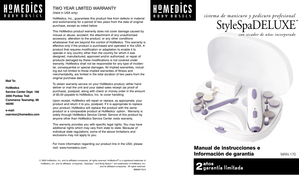 Stylespadeluxe, Manual de instrucciones e información de garantía, Sistema de manicuro y pedicuro profesional | HoMedics MAN-170 User Manual | Page 5 / 8