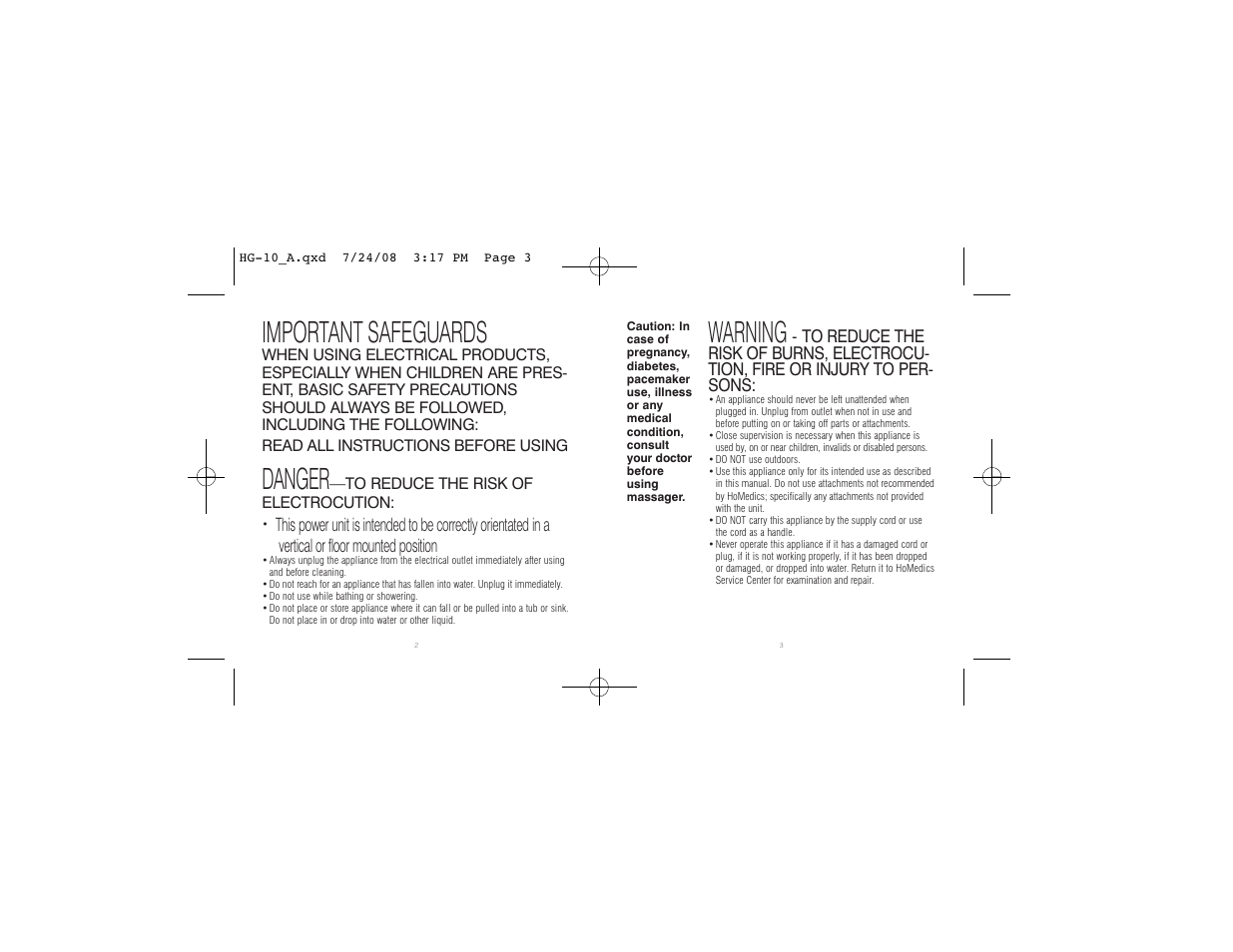 Warning, Important safeguards, Danger | HoMedics Rechargeable Massager HG-10 User Manual | Page 2 / 8