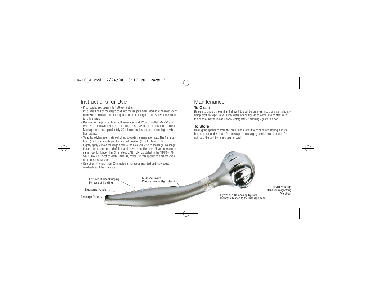 Instructions for use, Maintenance | HoMedics Rechargeable Massager HG-10 User Manual | Page 4 / 8