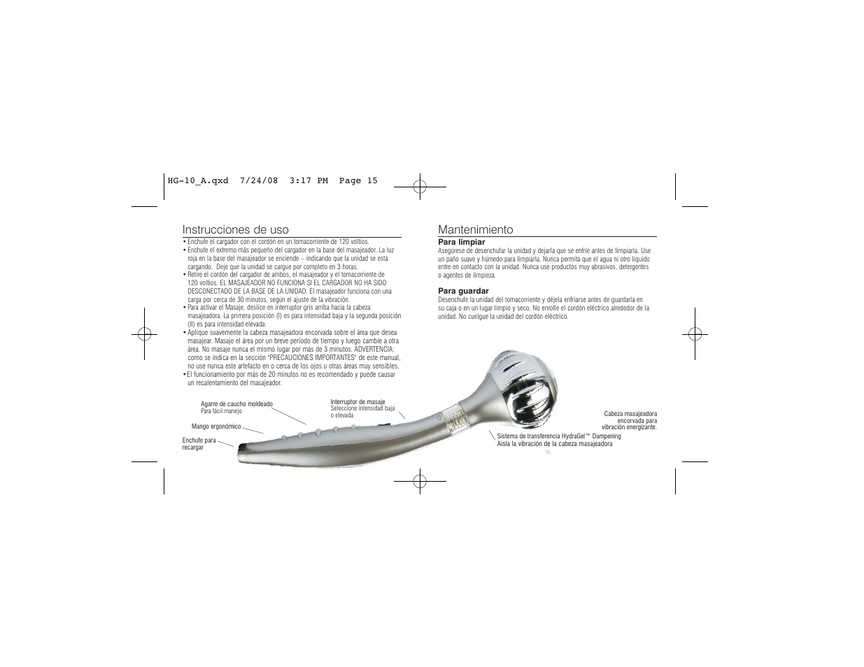 Instrucciones de uso, Mantenimiento | HoMedics Rechargeable Massager HG-10 User Manual | Page 8 / 8