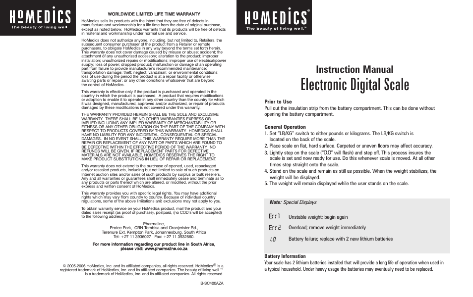 HoMedics IB-SC400AZA User Manual | 2 pages