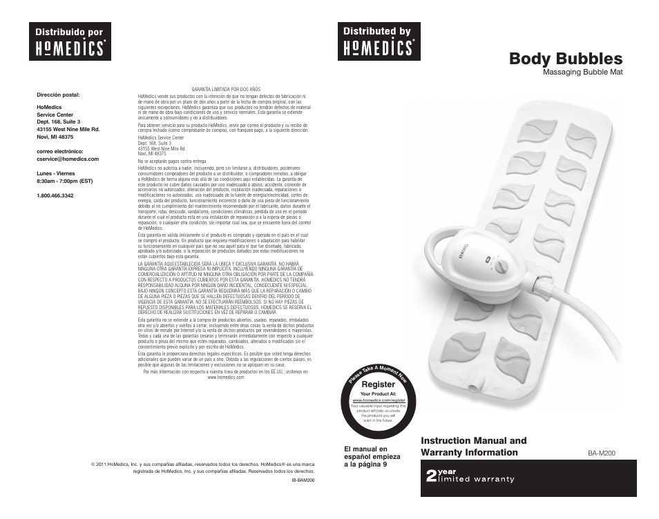 HoMedics Body Bubbles Massaging Bubble Mat BA-M200 User Manual | 8 pages