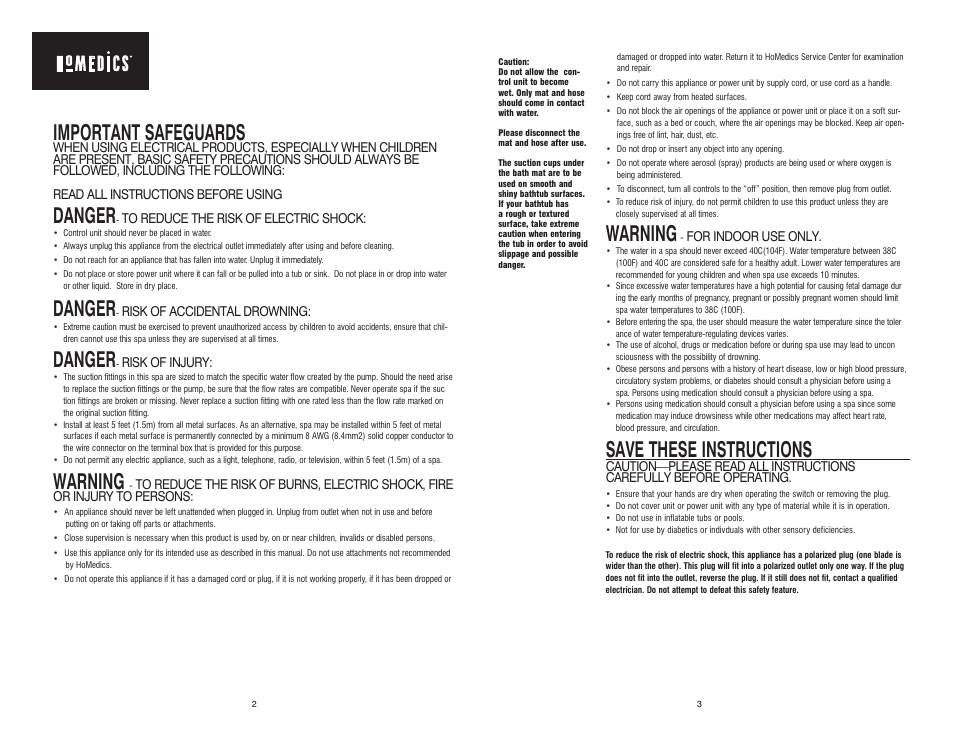 Warning, Save these instructions, Important safeguards | Danger | HoMedics Body Bubbles Massaging Bubble Mat BA-M200 User Manual | Page 2 / 8