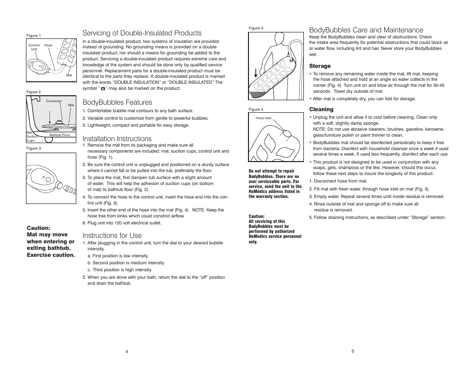 Bodybubbles care and maintenance, Servicing of double-insulated products, Bodybubbles features | Installation instructions, Instructions for use | HoMedics Body Bubbles Massaging Bubble Mat BA-M200 User Manual | Page 3 / 8