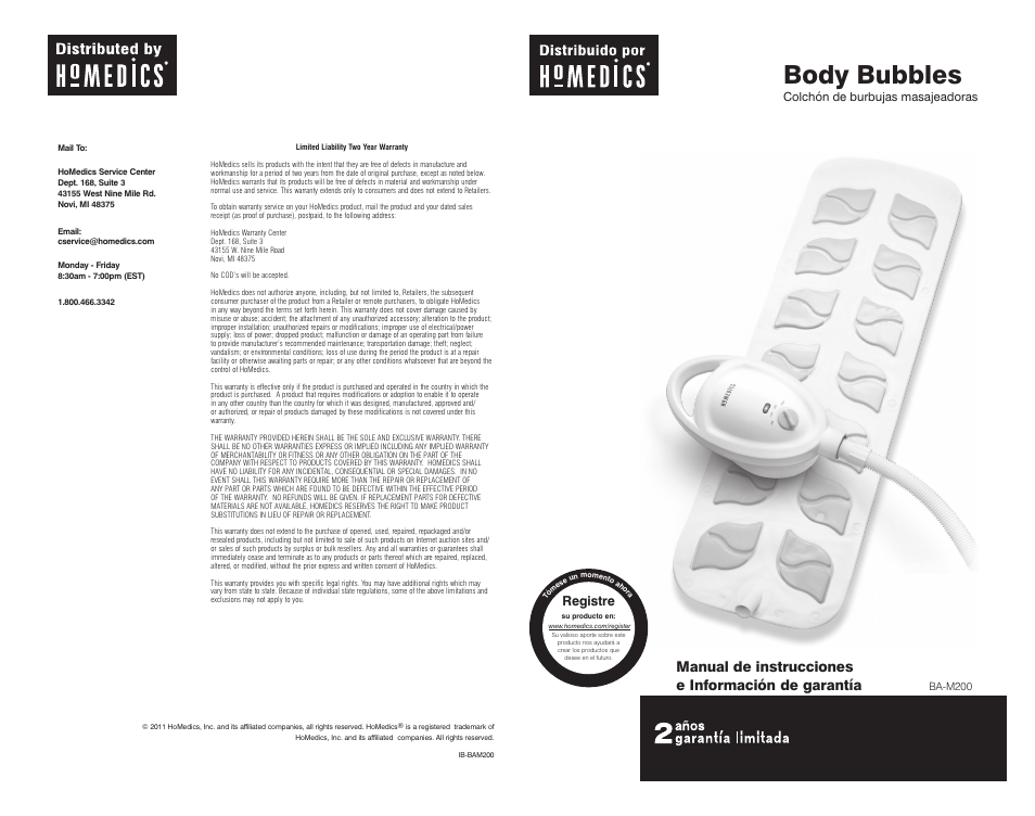 Body bubbles, Manual de instrucciones e información de garantía, Registre | Colchón de burbujas masajeadoras | HoMedics Body Bubbles Massaging Bubble Mat BA-M200 User Manual | Page 5 / 8