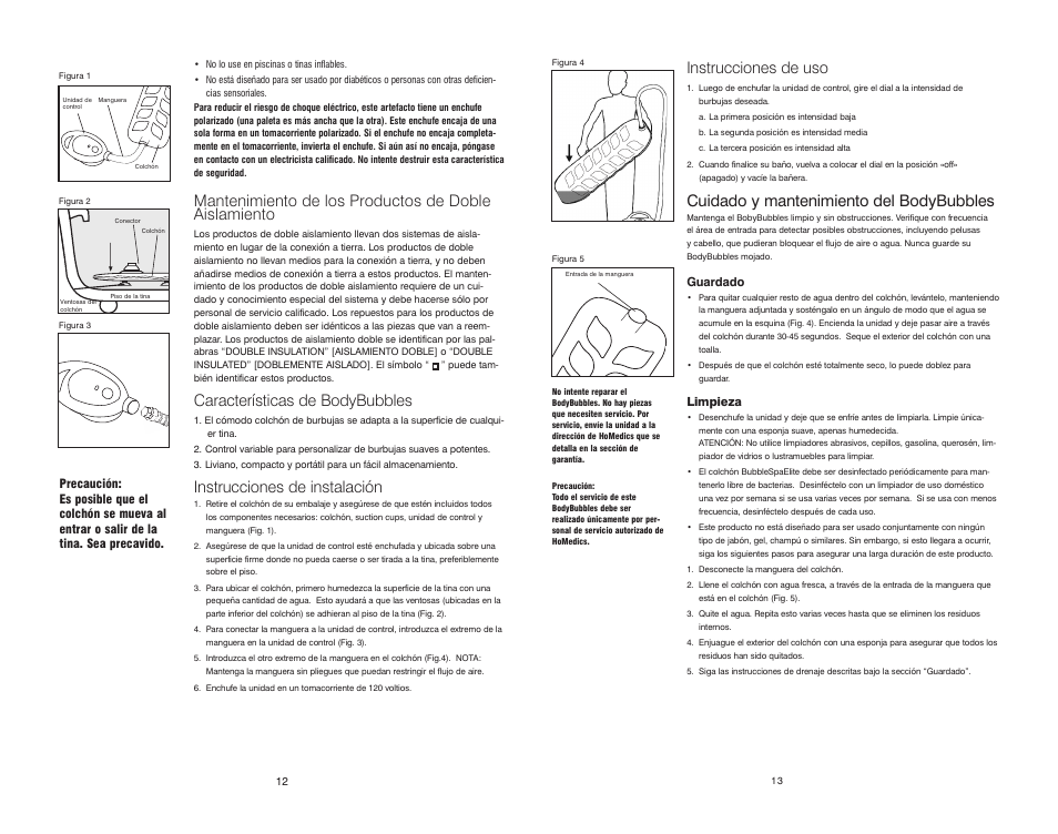 Características de bodybubbles, Instrucciones de instalación, Instrucciones de uso | Cuidado y mantenimiento del bodybubbles | HoMedics Body Bubbles Massaging Bubble Mat BA-M200 User Manual | Page 7 / 8