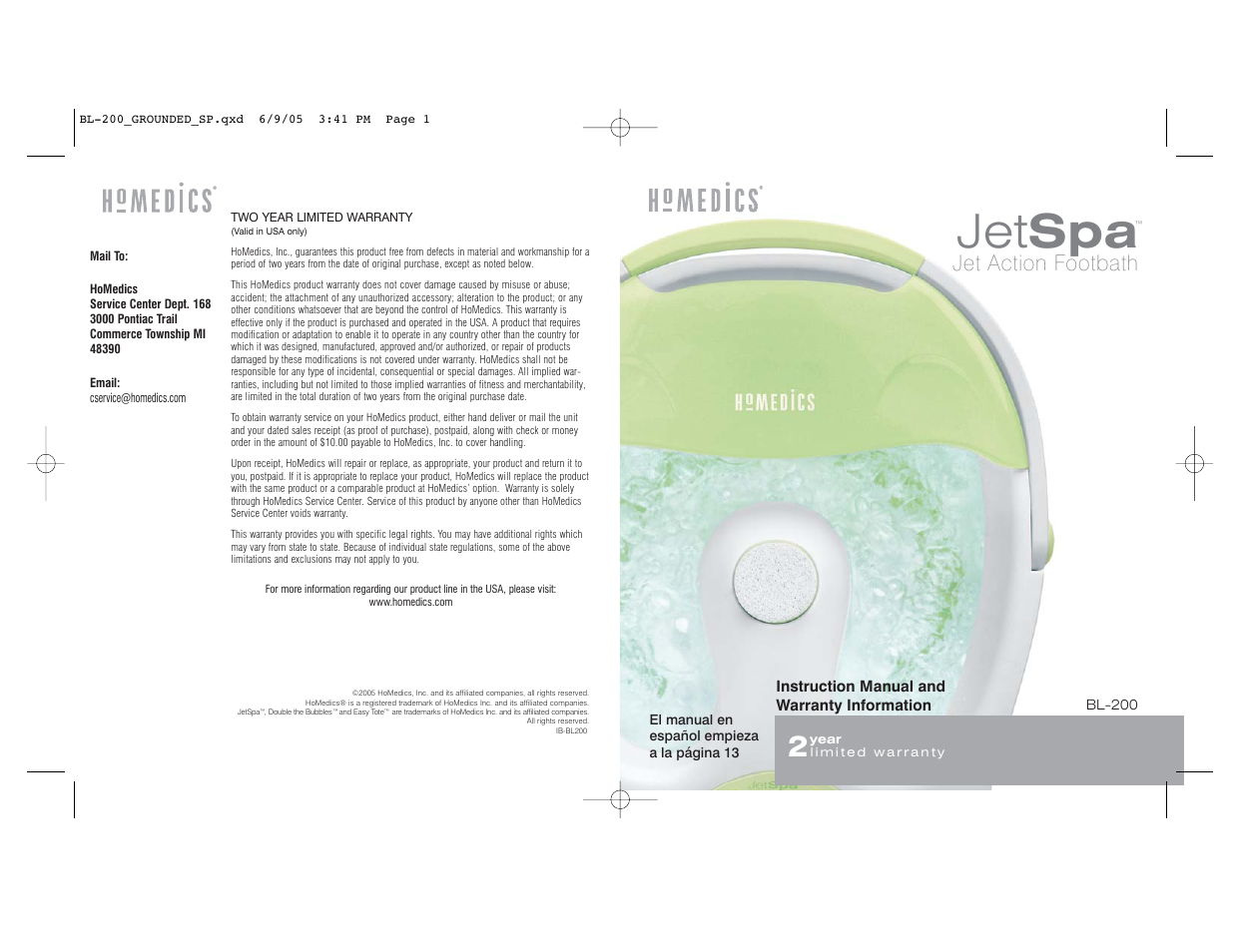 HoMedics BL-200 User Manual | 12 pages