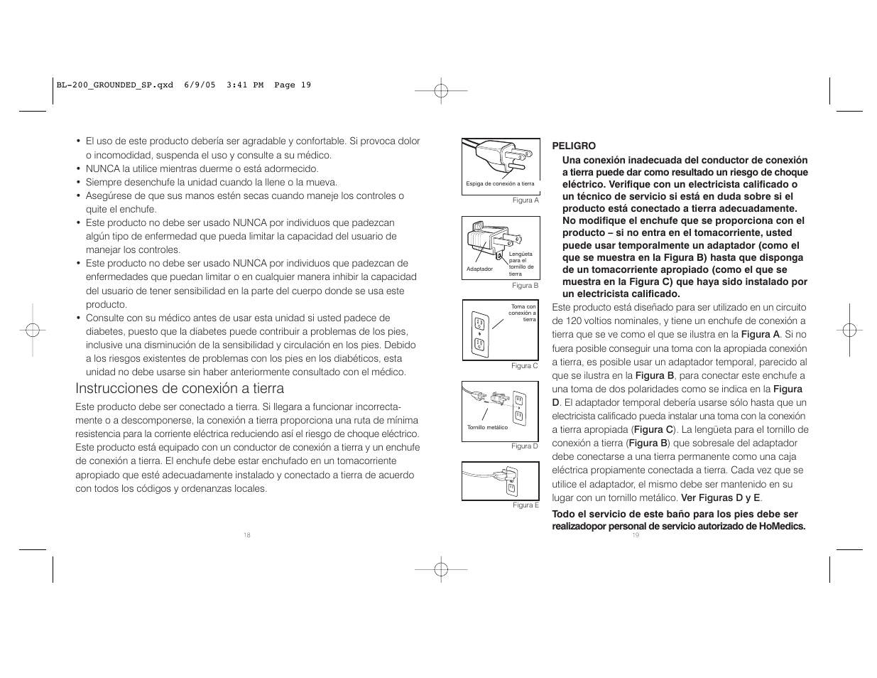 Instrucciones de conexión a tierra | HoMedics BL-200 User Manual | Page 10 / 12