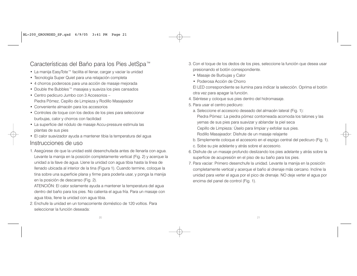 Características del baño para los pies jetspa, Instrucciones de uso | HoMedics BL-200 User Manual | Page 11 / 12