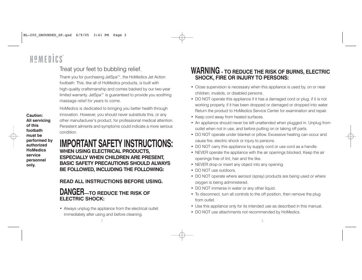 Important safety instructions, Warning, Danger | Treat your feet to bubbling relief | HoMedics BL-200 User Manual | Page 2 / 12