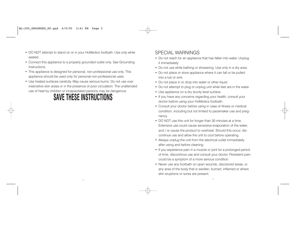 Save these instructions, Special warnings | HoMedics BL-200 User Manual | Page 3 / 12