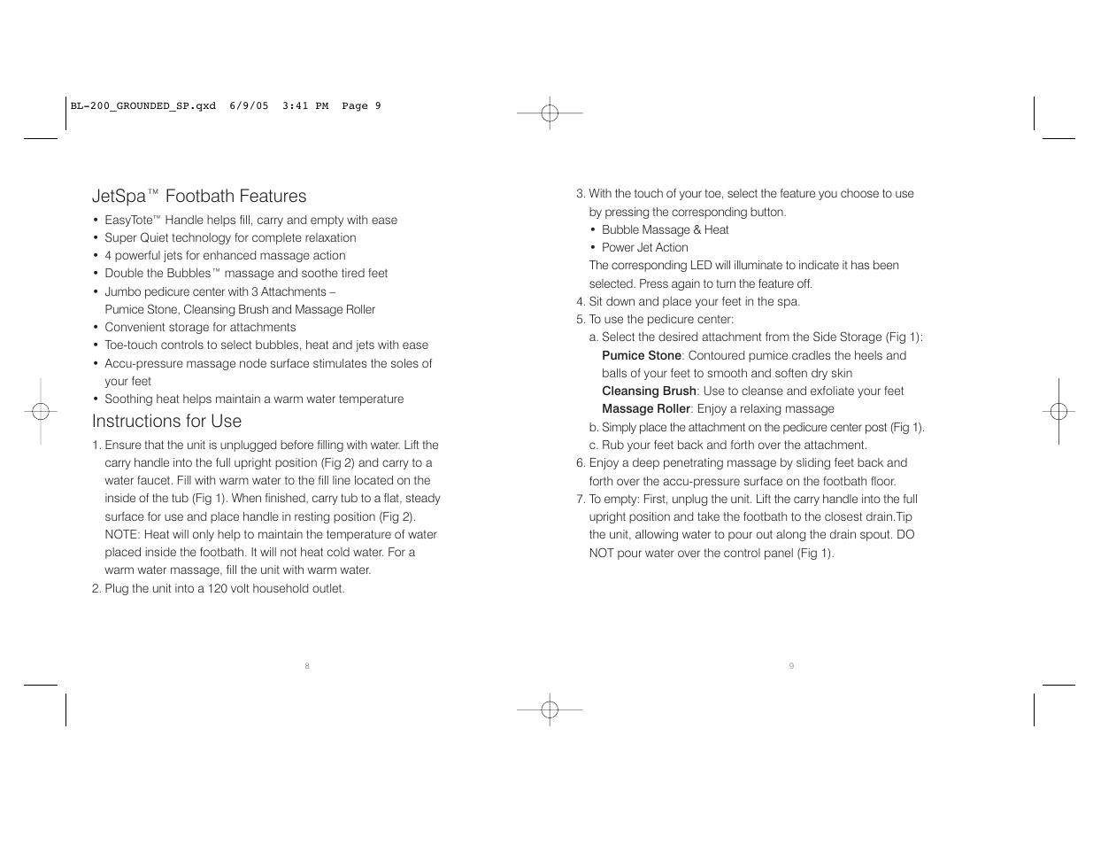Jetspa™ footbath features, Instructions for use | HoMedics BL-200 User Manual | Page 5 / 12