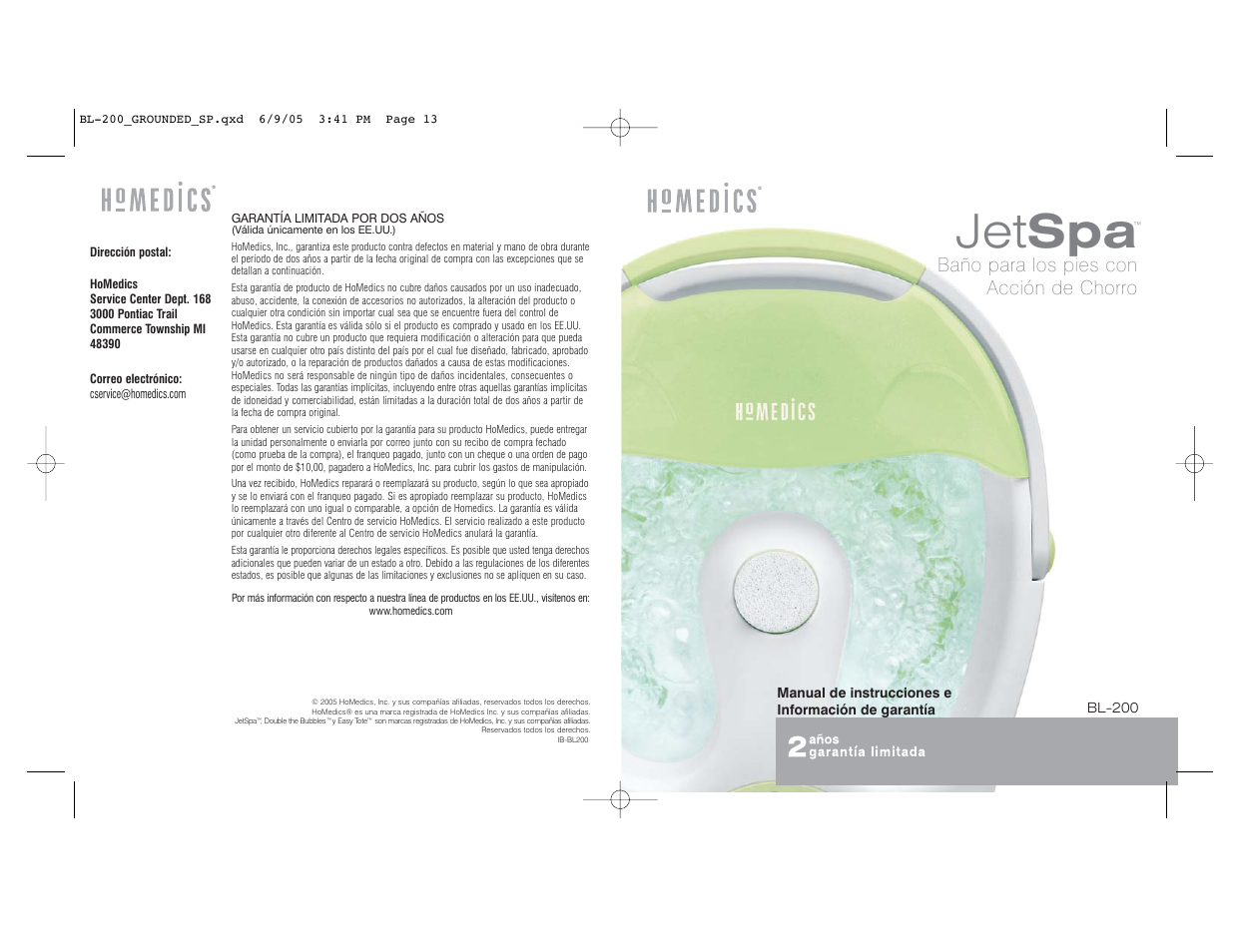 Jet spa, Baño para los pies con acción de chorro | HoMedics BL-200 User Manual | Page 7 / 12