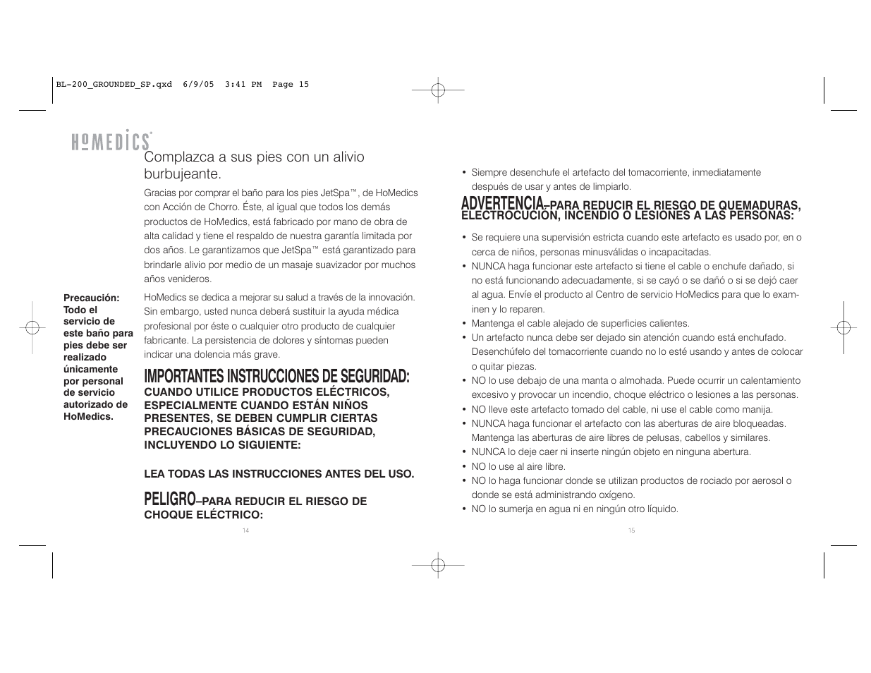 Importantes instrucciones de seguridad, Peligro, Advertencia | Complazca a sus pies con un alivio burbujeante | HoMedics BL-200 User Manual | Page 8 / 12