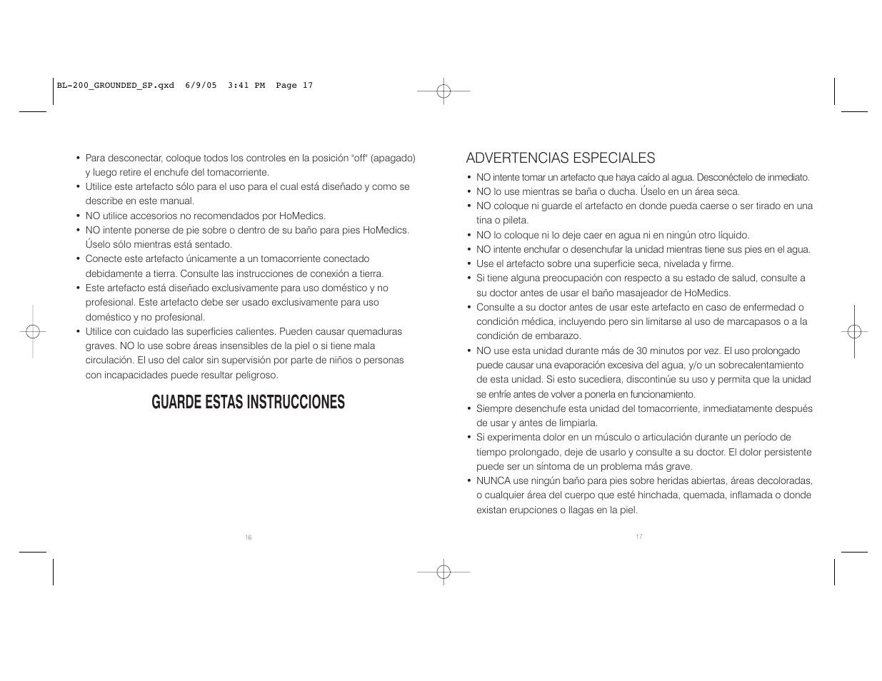 Guarde estas instrucciones, Advertencias especiales | HoMedics BL-200 User Manual | Page 9 / 12