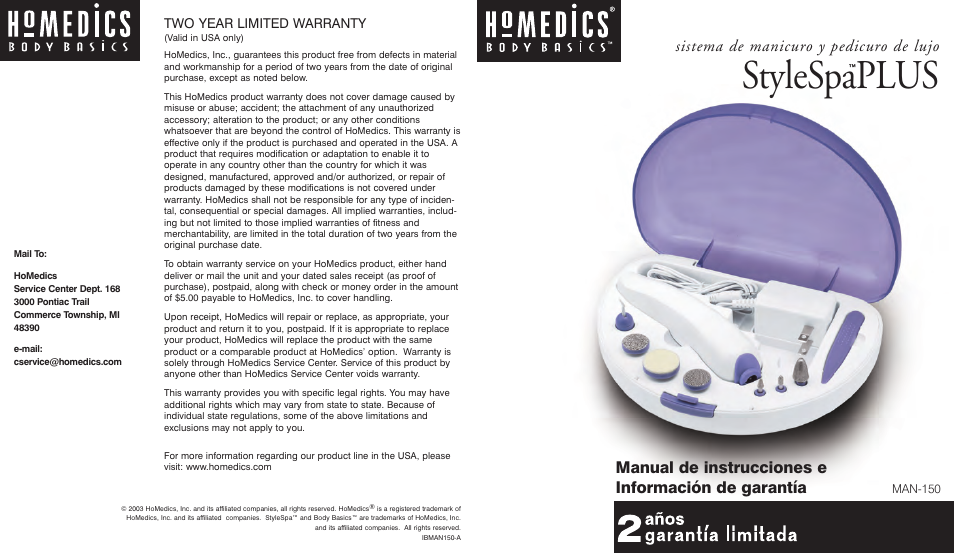 Stylespaplus, Manual de instrucciones e información de garantía, Sistema de manicuro y pedicuro de lujo | HoMedics StyleSpaPLUS MAN-150 User Manual | Page 5 / 8