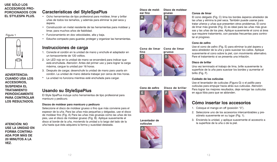 Características del stylespaplus, Instrucciones de carga, Usando su stylespaplus | Cómo insertar los accesorios | HoMedics StyleSpaPLUS MAN-150 User Manual | Page 7 / 8
