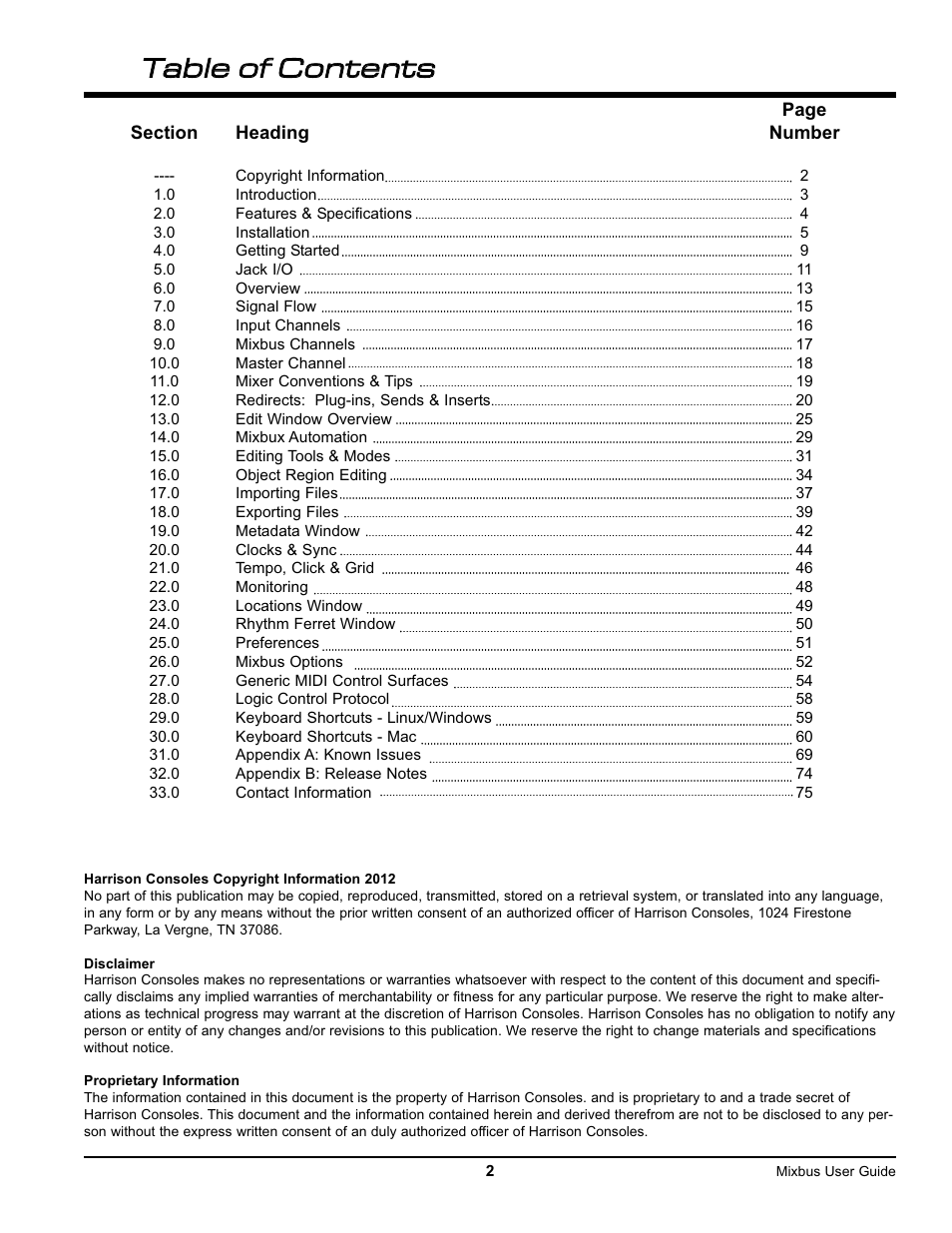 Tta ab blle e o off c co on nt te en nt ts s | Harrison Labs MIXBUS V2.0.2 User Manual | Page 2 / 88