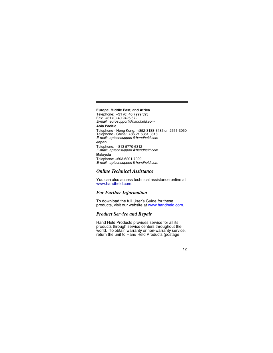 Online technical assistance, For further information, Product service and repair | HandHeld Entertainment 4800p User Manual | Page 13 / 20