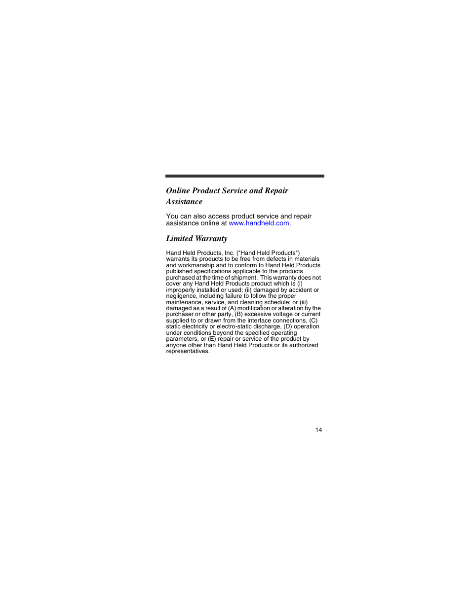 Online product service and repair assistance, Limited warranty | HandHeld Entertainment 4800p User Manual | Page 15 / 20