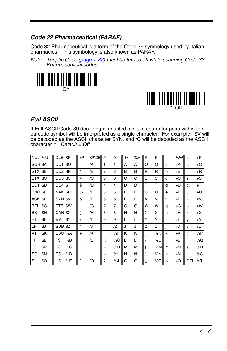 Code 32 pharmaceutical (paraf), Full ascii, Code 32 pharmaceutical (paraf) -7 full ascii -7 | 7 - 7 code 32 pharmaceutical (paraf), Default = off, Off on | HandHeld Entertainment 4600r User Manual | Page 101 / 244