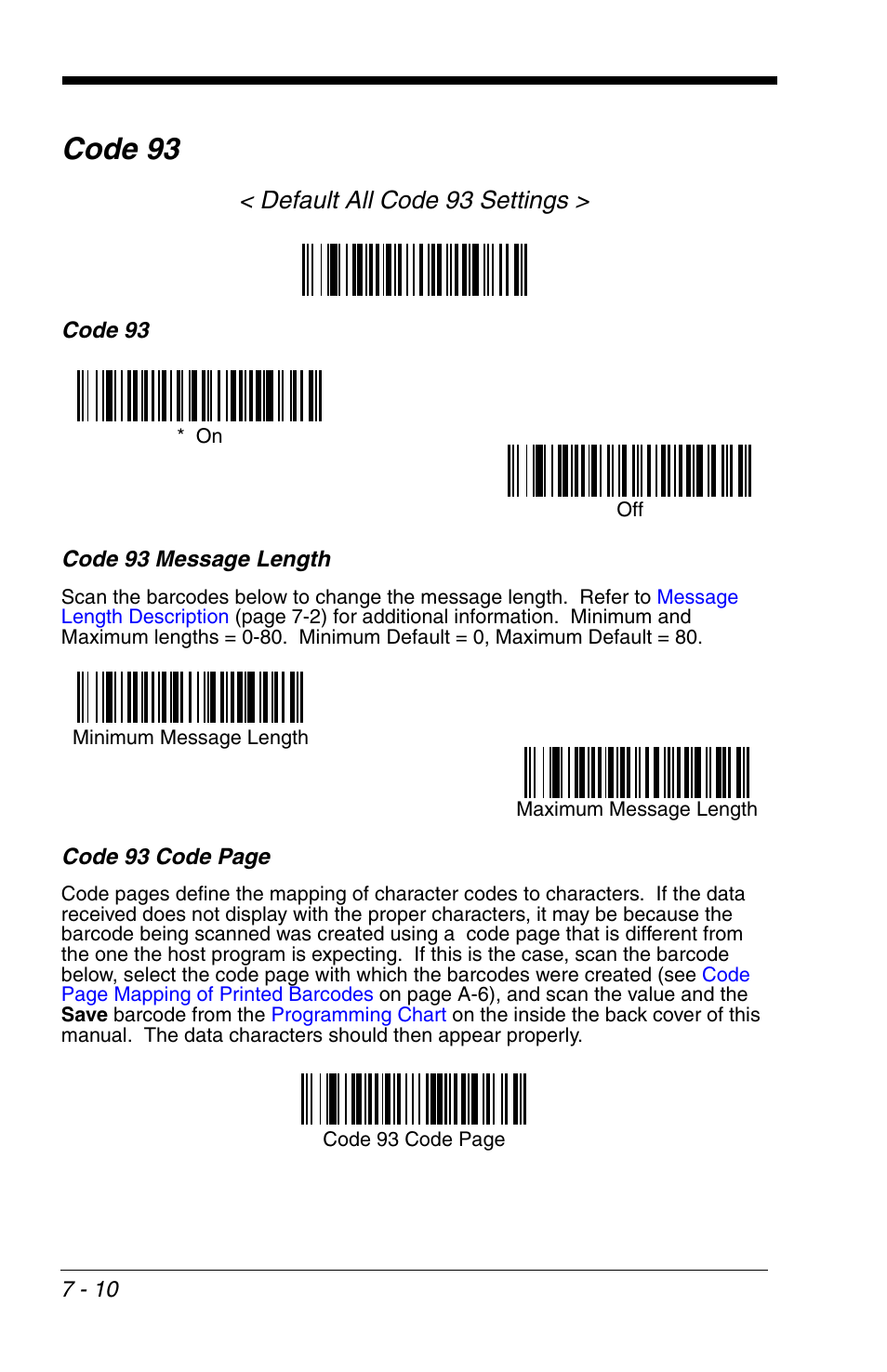 Code 93 -10, Code 93, Default all code 93 settings | HandHeld Entertainment 4600r User Manual | Page 104 / 244