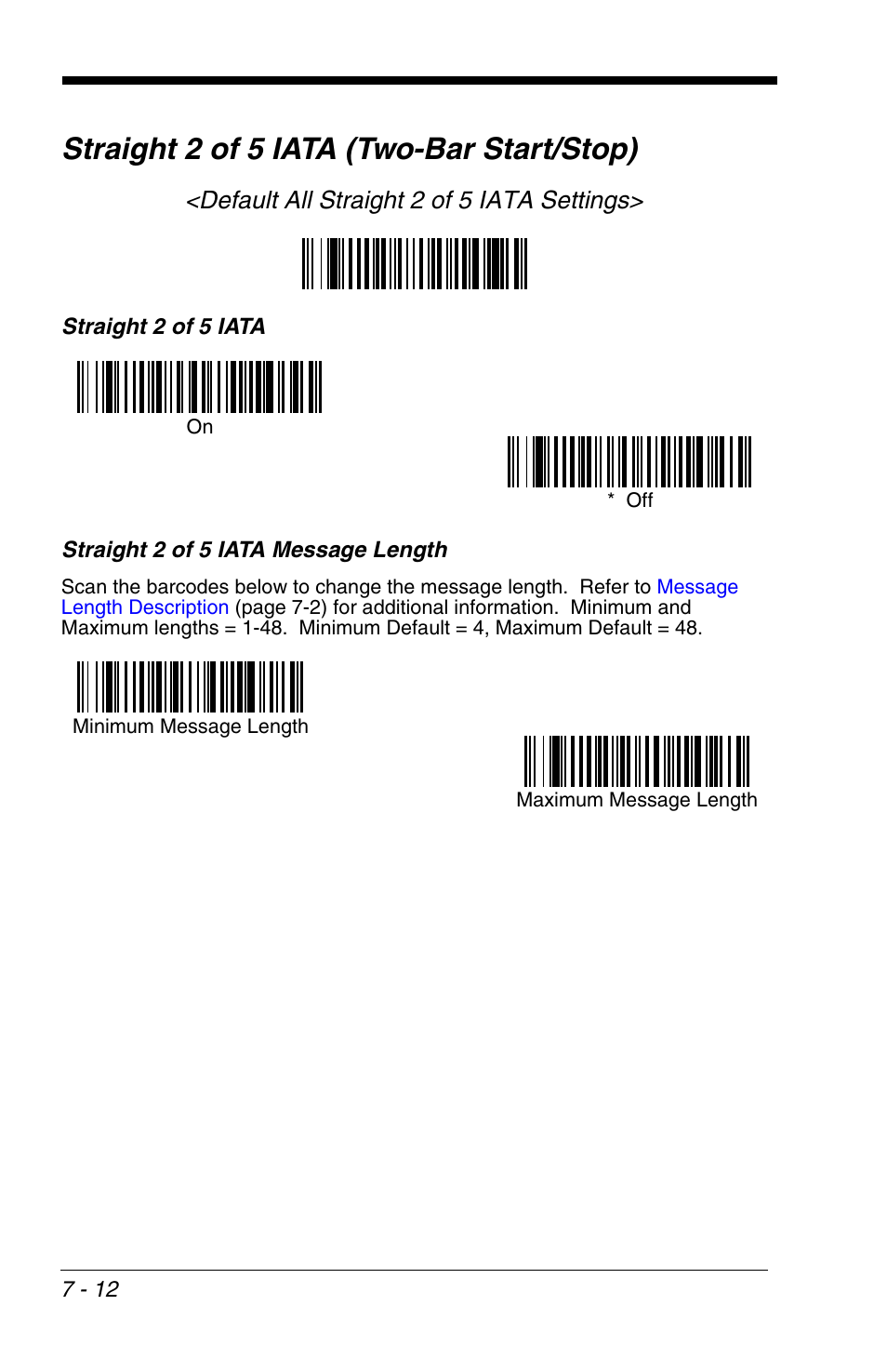 Straight 2 of 5 iata (two-bar start/stop) -12, Straight 2 of 5 iata, Straight 2 of 5 iata (two-bar start/stop) | Default all straight 2 of 5 iata settings | HandHeld Entertainment 4600r User Manual | Page 106 / 244