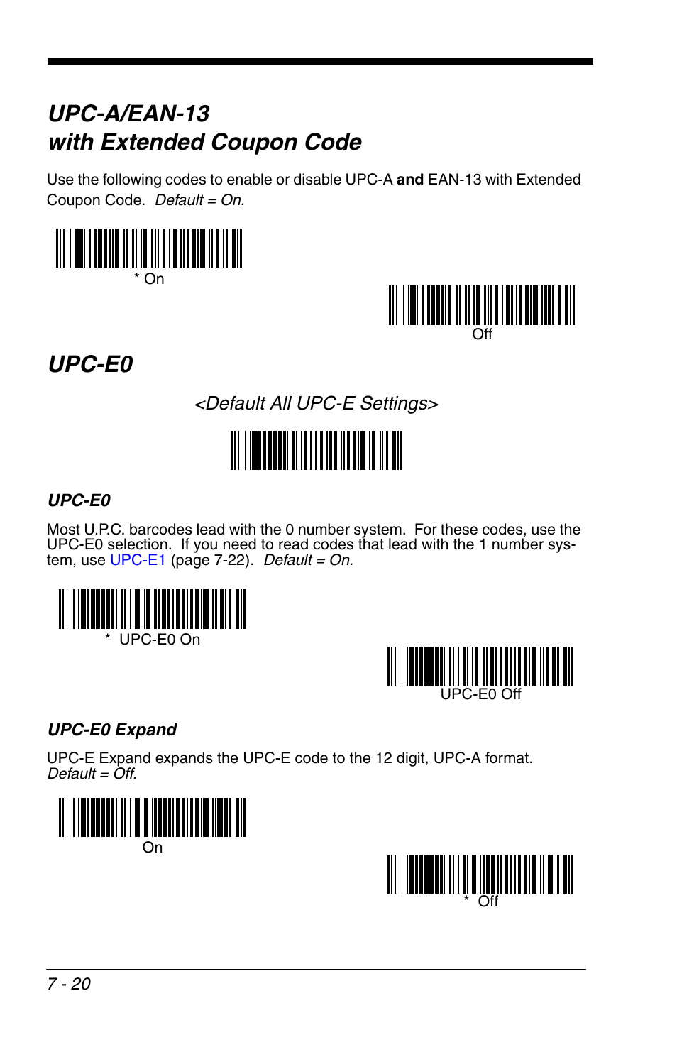 Upc-a/ean-13, With extended coupon code -20, Upc-e0 -20 | Upc-a/ean-13 with extended coupon code, Upc-e0, Default all upc-e settings | HandHeld Entertainment 4600r User Manual | Page 114 / 244