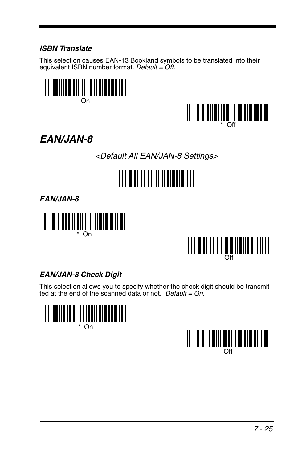 Isbn translate, Ean/jan-8 check digit, Isbn translate -25 | Ean/jan-8 -25, Ean/jan-8 check digit -25, Ean/jan-8, Default all ean/jan-8 settings | HandHeld Entertainment 4600r User Manual | Page 119 / 244