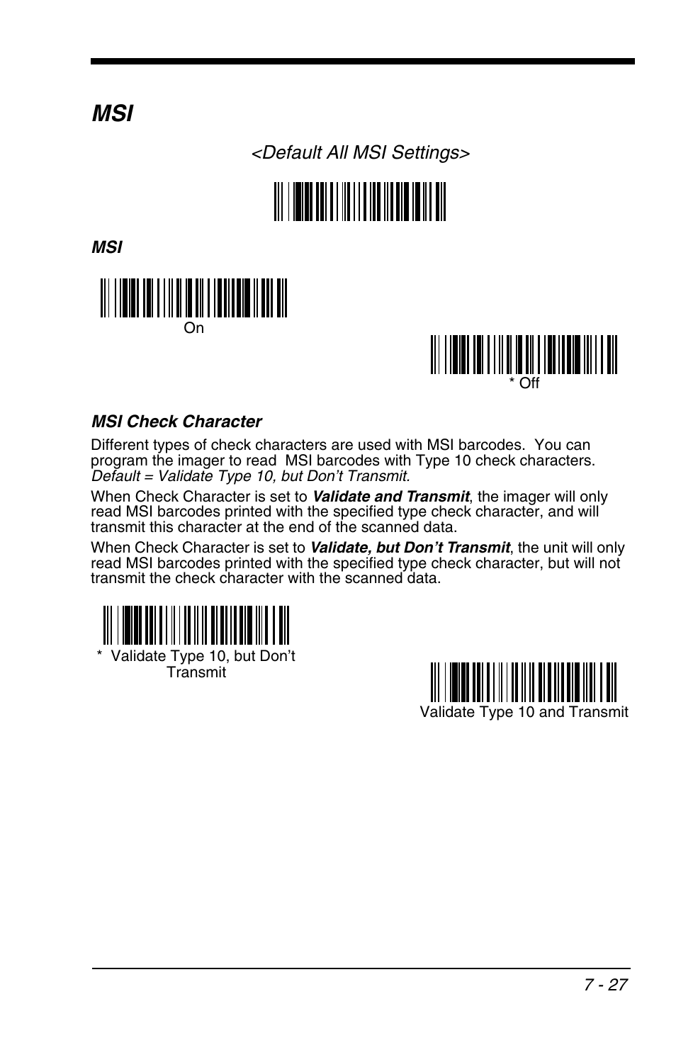 Msi check character, Msi -27, Msi check character -27 | Default all msi settings | HandHeld Entertainment 4600r User Manual | Page 121 / 244