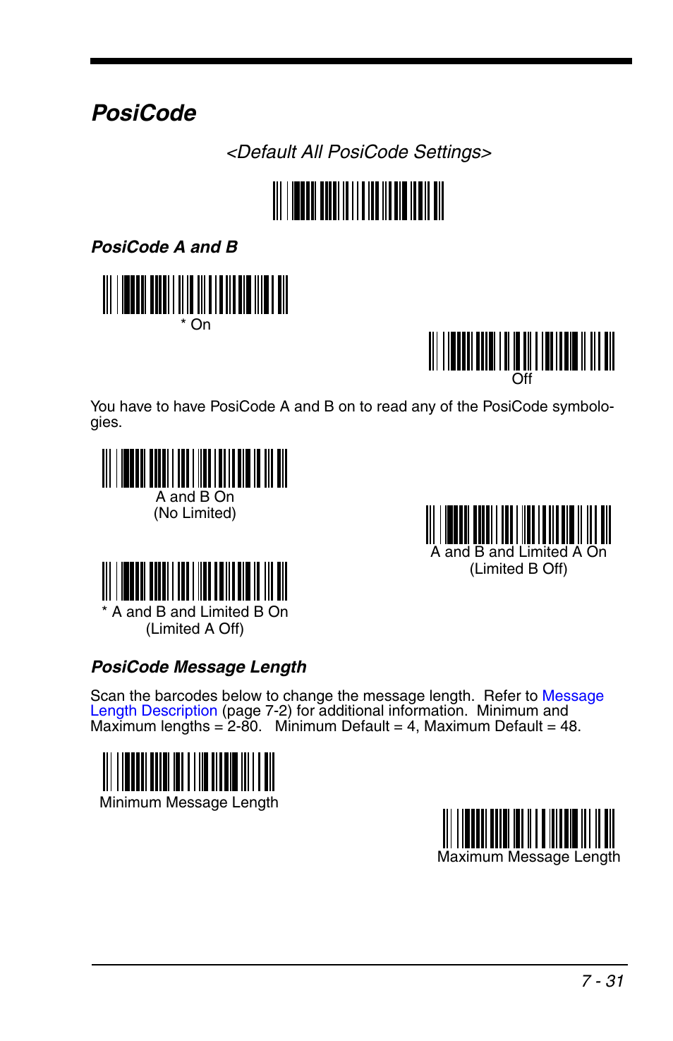 Posicode -31, Posicode a and b, Posicode | Default all posicode settings | HandHeld Entertainment 4600r User Manual | Page 125 / 244