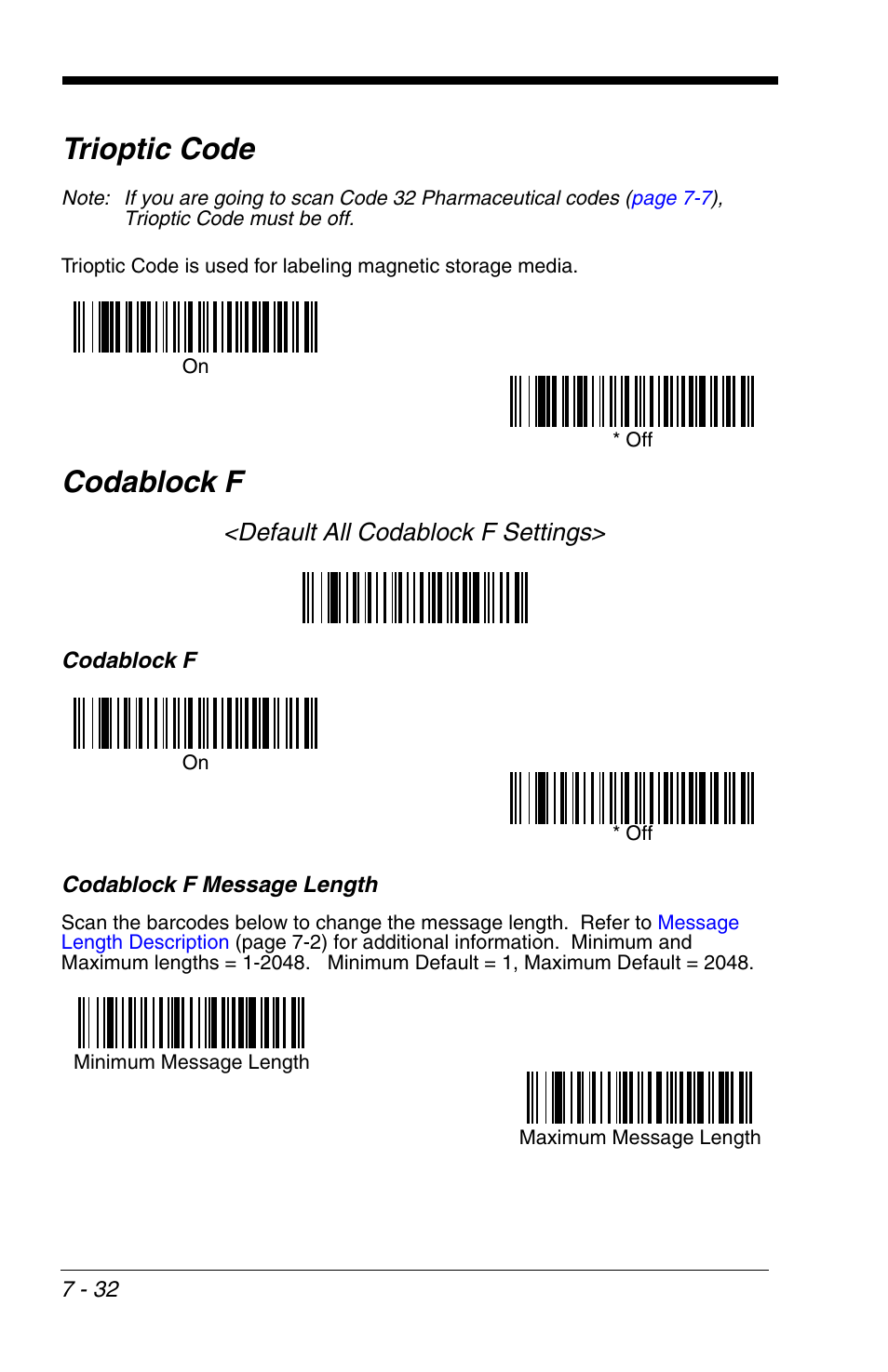 Trioptic code -32 codablock f -32, Codablock f, Trioptic code | Default all codablock f settings | HandHeld Entertainment 4600r User Manual | Page 126 / 244