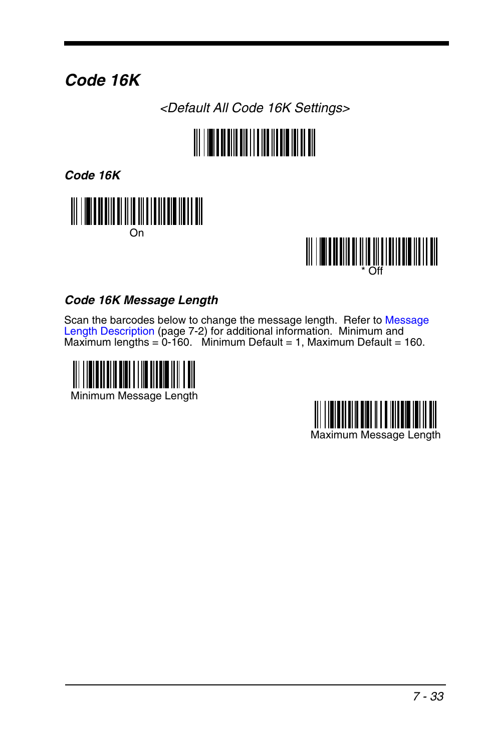 Code 16k -33, Code 16k, Default all code 16k settings | HandHeld Entertainment 4600r User Manual | Page 127 / 244