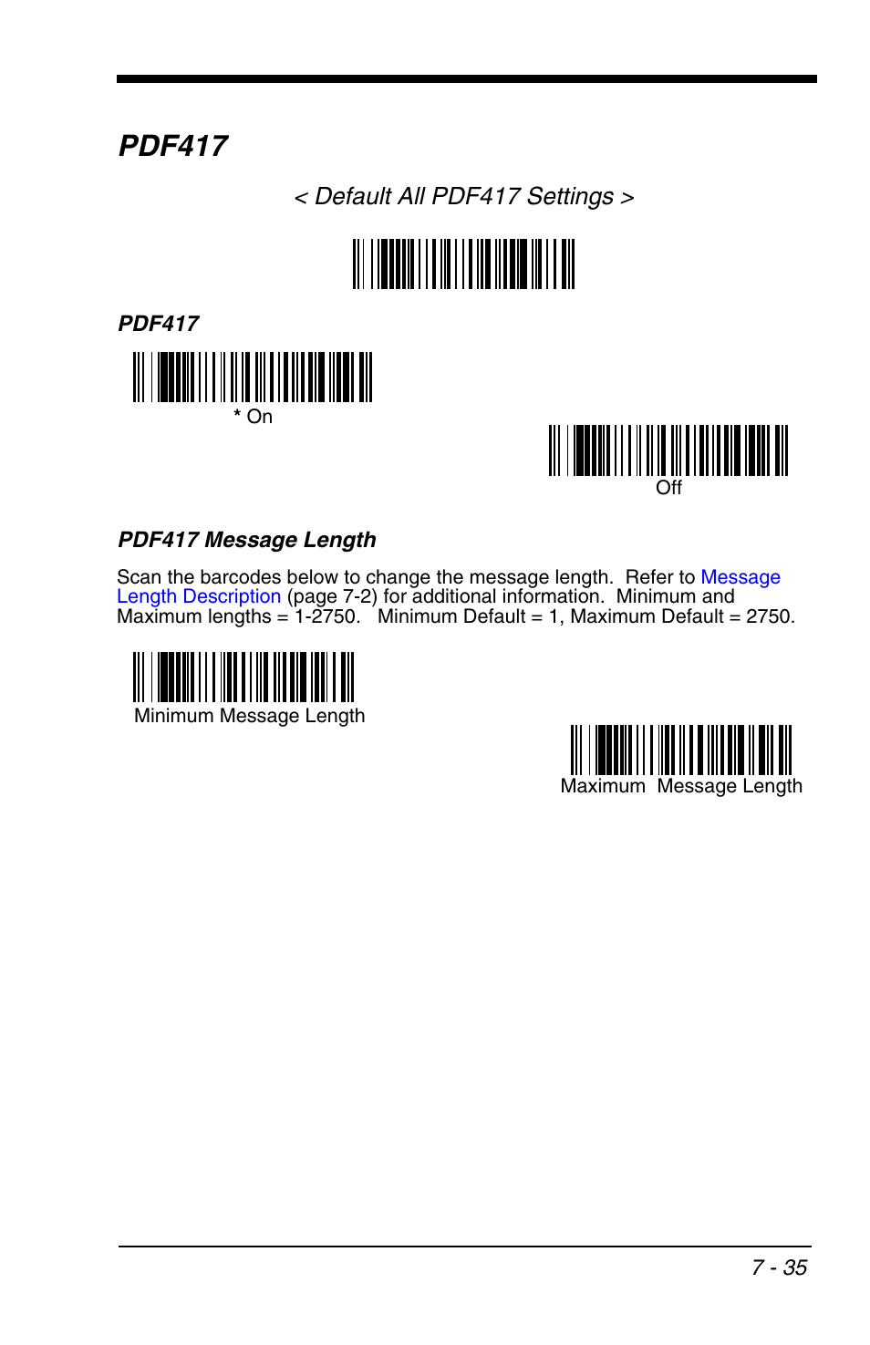 Pdf417 -35, Pdf417, Default all pdf417 settings | HandHeld Entertainment 4600r User Manual | Page 129 / 244