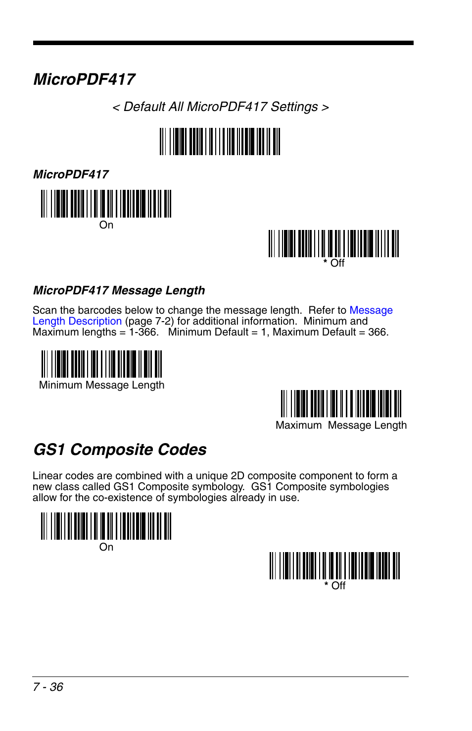 Micropdf417 -36 gs1 composite codes -36, Micropdf417, Gs1 composite codes | Default all micropdf417 settings | HandHeld Entertainment 4600r User Manual | Page 130 / 244