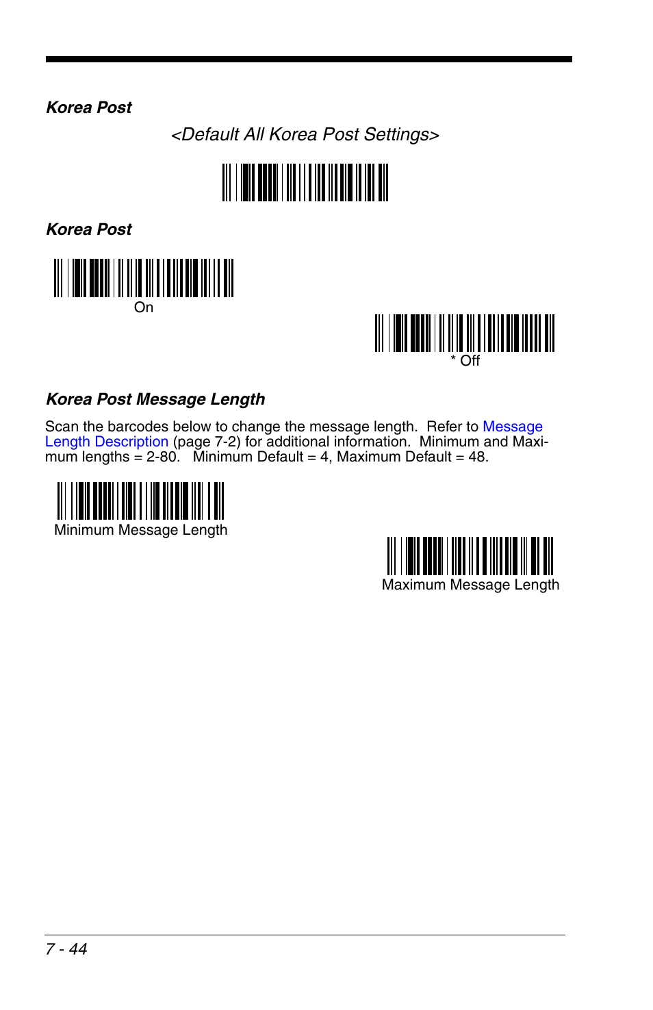 Korea post, Korea post -44, Default all korea post settings | HandHeld Entertainment 4600r User Manual | Page 138 / 244