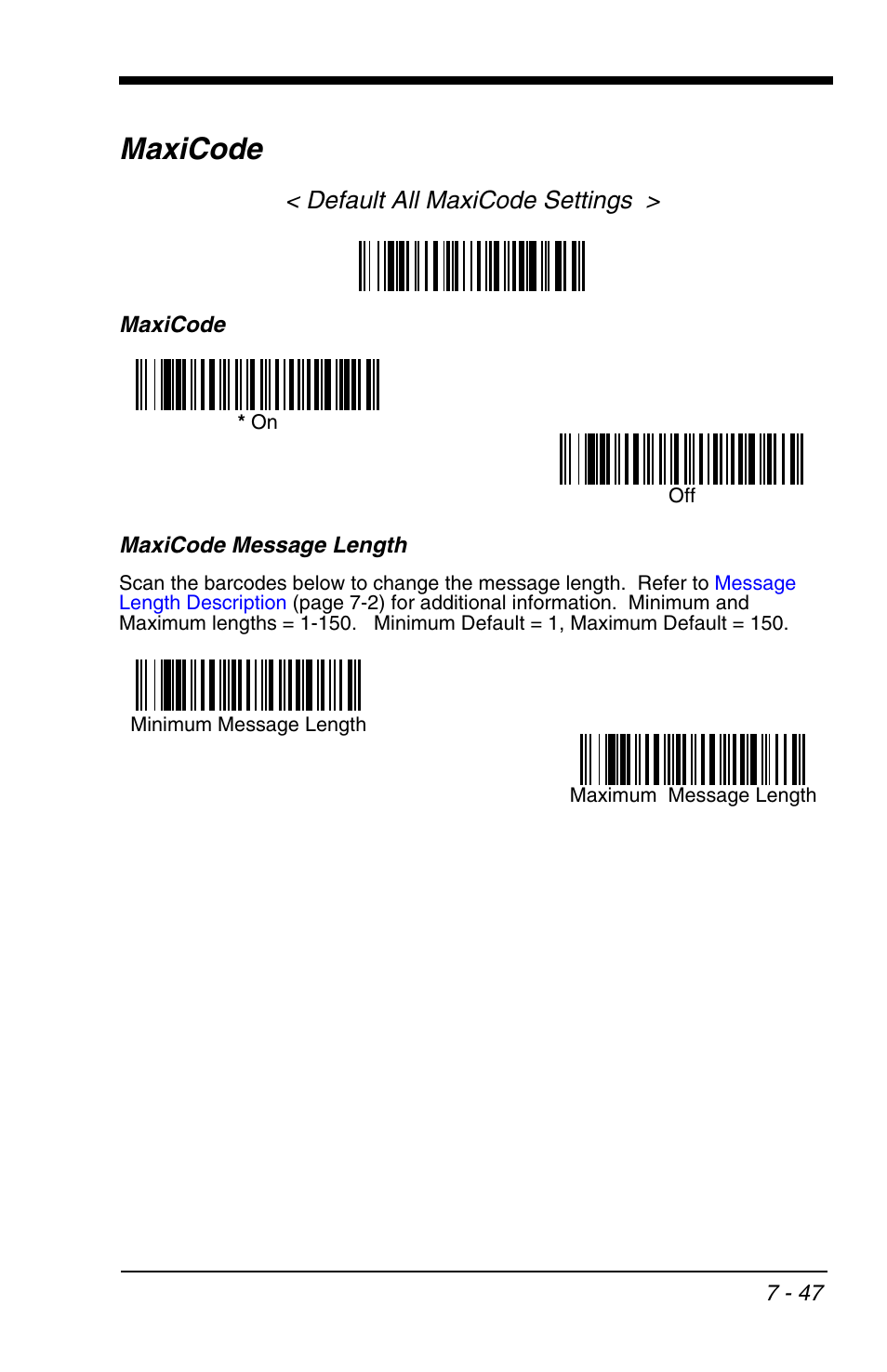 Maxicode -47, Maxicode, Default all maxicode settings | HandHeld Entertainment 4600r User Manual | Page 141 / 244