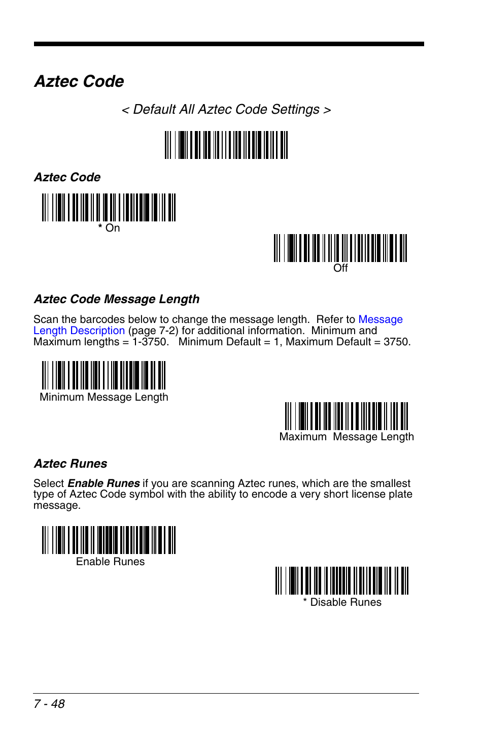 Aztec runes, Aztec code -48, Aztec runes -48 | Aztec code, Default all aztec code settings | HandHeld Entertainment 4600r User Manual | Page 142 / 244