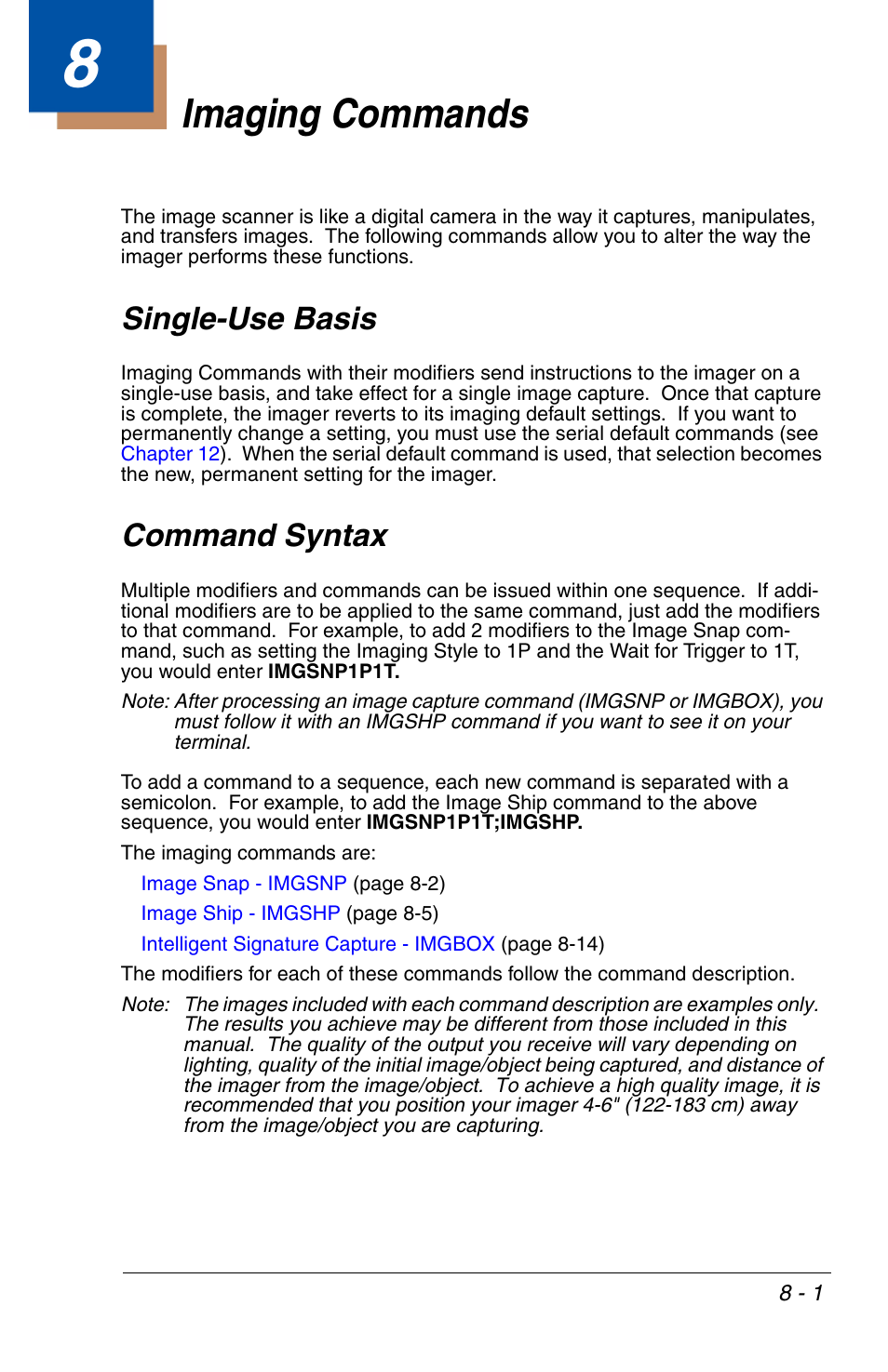 Imaging commands, Single-use basis, Command syntax | Chapter 8 - imaging commands, Single-use basis -1 command syntax -1 | HandHeld Entertainment 4600r User Manual | Page 143 / 244