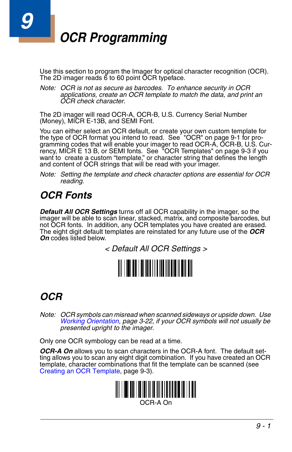 Ocr programming, Chapter 9 - ocr programming, Ocr fonts -1 ocr -1 | Ocr fonts | HandHeld Entertainment 4600r User Manual | Page 163 / 244