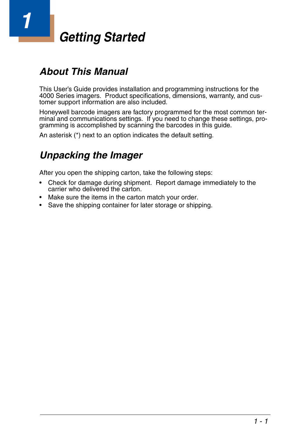 Getting started, About this manual, Unpacking the imager | Chapter 1 - getting started, About this manual -1 unpacking the imager -1 | HandHeld Entertainment 4600r User Manual | Page 17 / 244