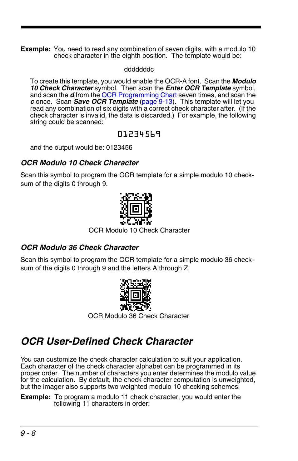 Ocr modulo 10 check character, Ocr modulo 36 check character, Ocr user-defined check character | Ocr user-defined check character -8 | HandHeld Entertainment 4600r User Manual | Page 170 / 244