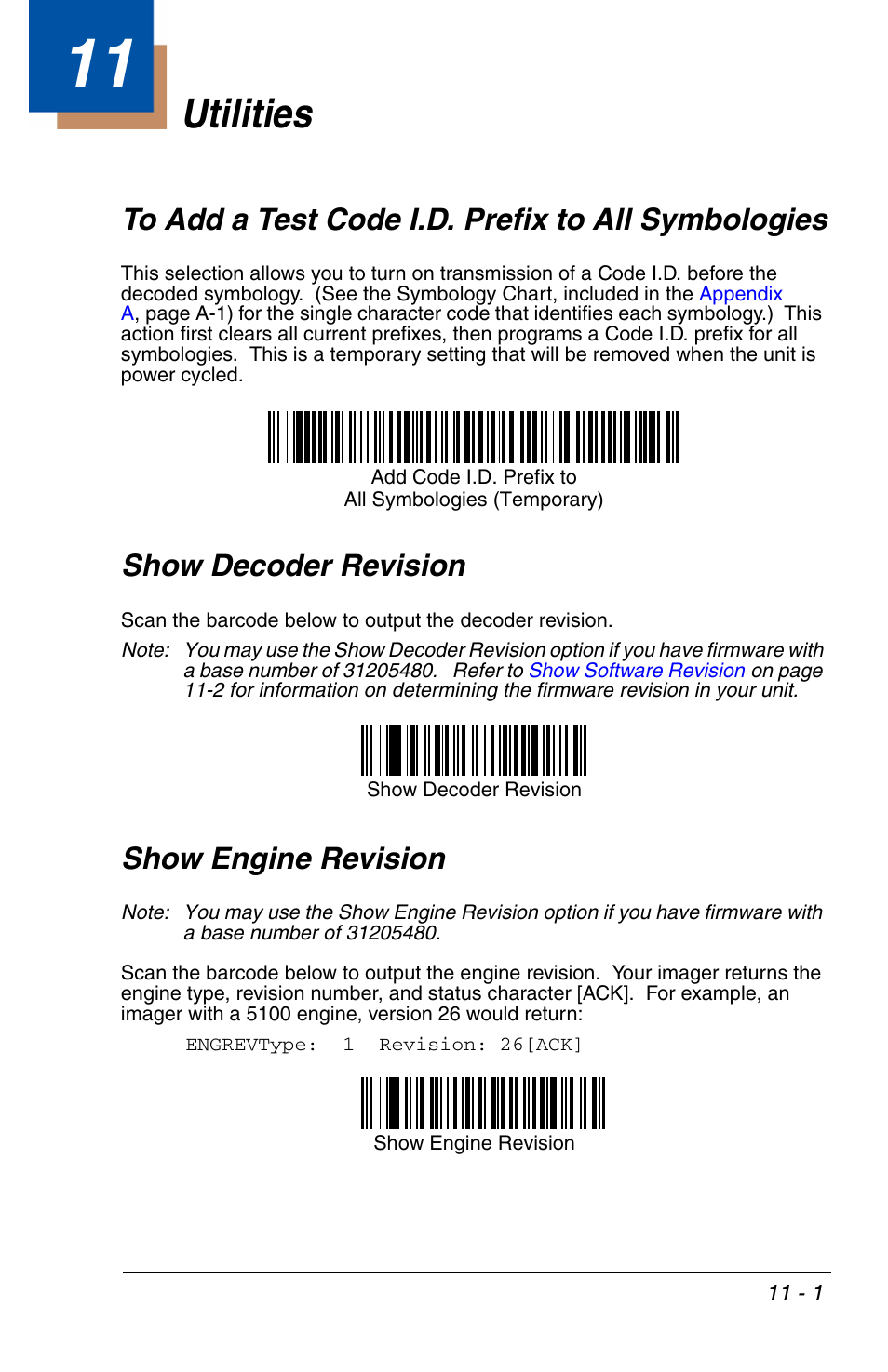 Utilities, To add a test code i.d. prefix to all symbologies, Show decoder revision | Show engine revision, Chapter 11 - utilities, Engines. refer to the, Show engine, Revision | HandHeld Entertainment 4600r User Manual | Page 183 / 244