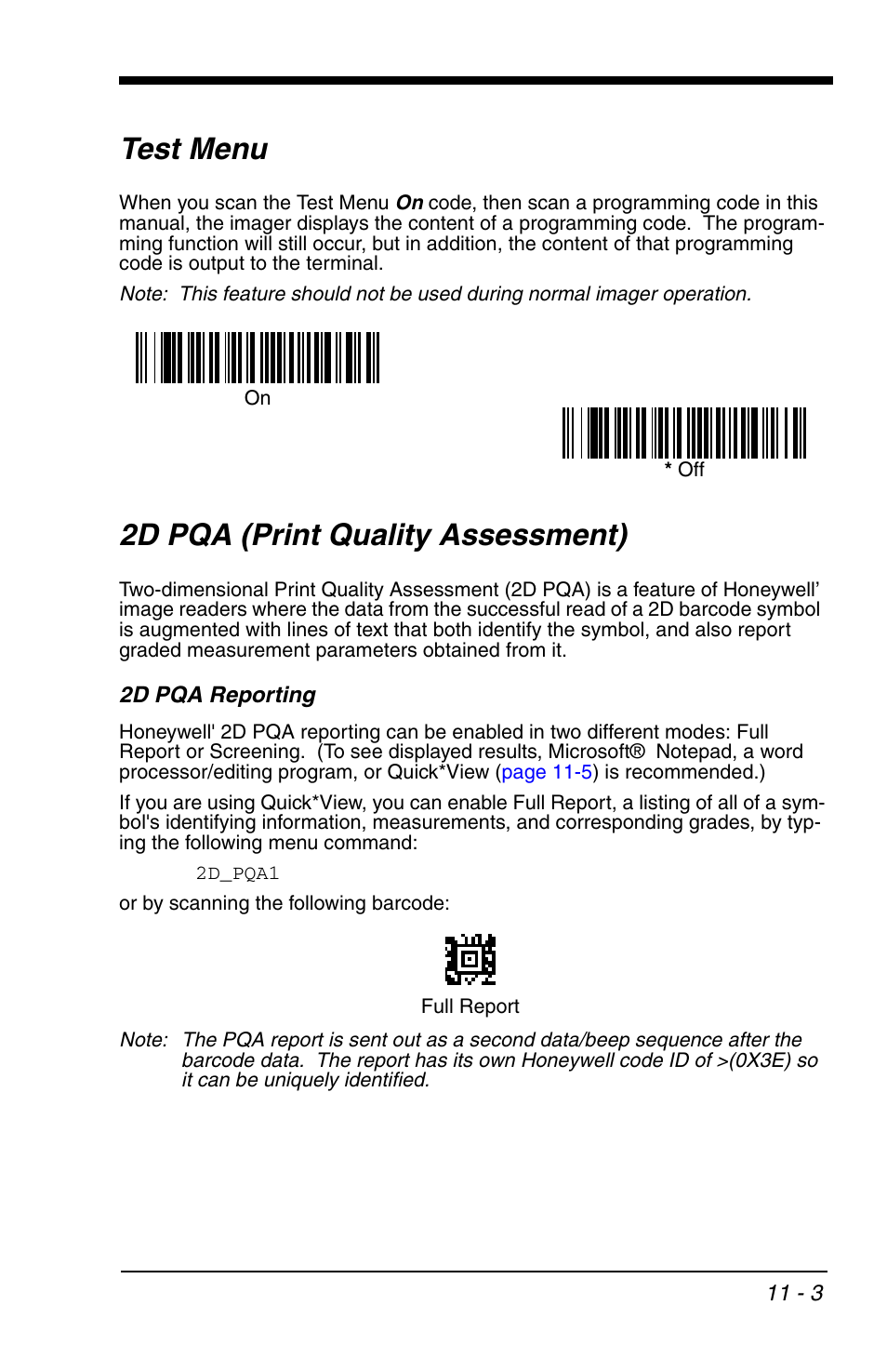 Test menu, 2d pqa (print quality assessment), 2d pqa reporting | Test menu -3 2d pqa (print quality assessment) -3, 2d pqa reporting -3 | HandHeld Entertainment 4600r User Manual | Page 185 / 244