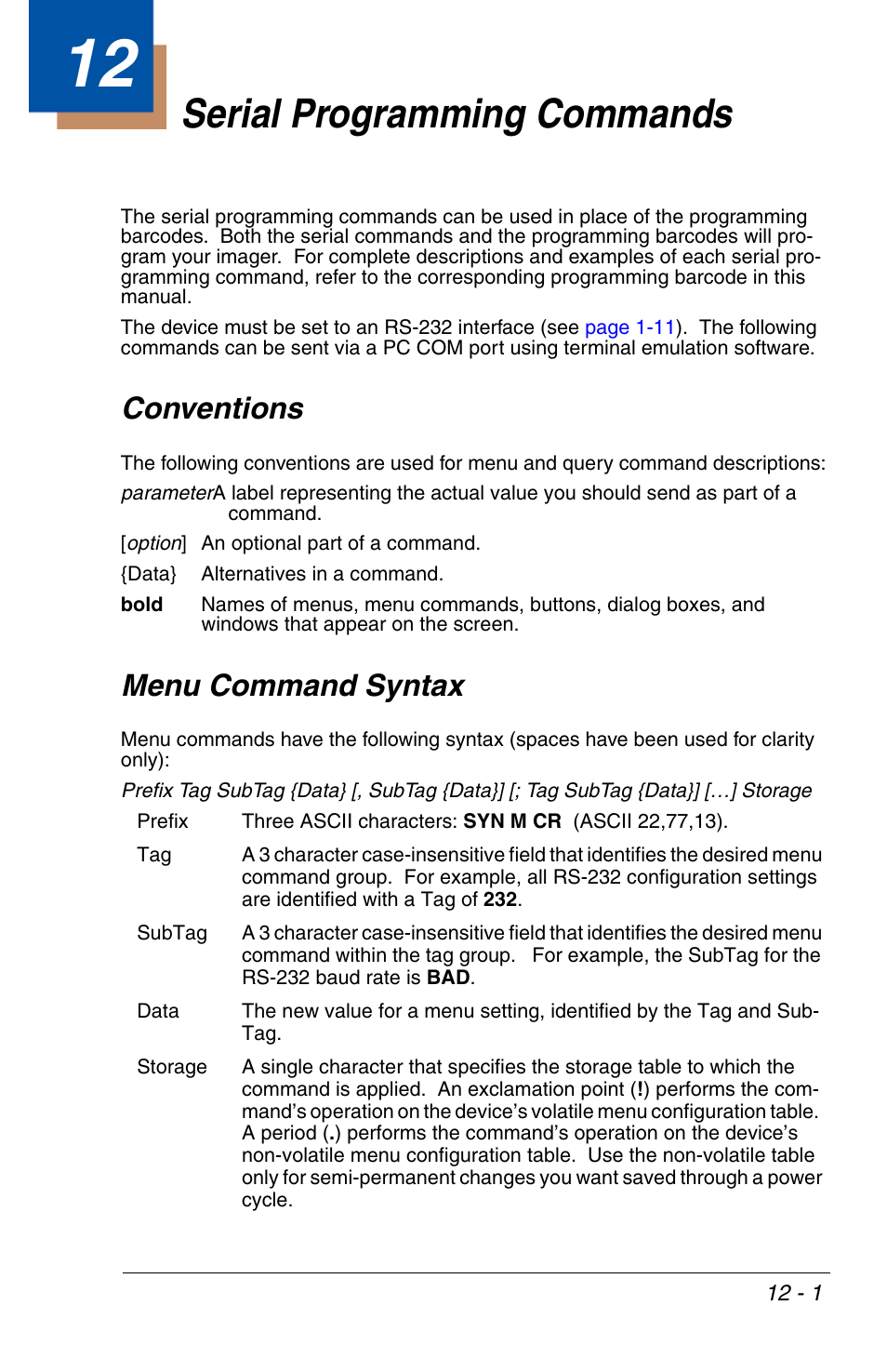 Serial programming commands, Conventions, Menu command syntax | Chapter 12 - serial programming commands, Conventions -1 menu command syntax -1, Chapter 12, Ault commands (see, When the ser | HandHeld Entertainment 4600r User Manual | Page 189 / 244