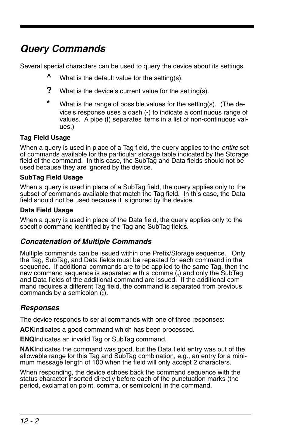 Query commands, Concatenation of multiple commands, Responses | Query commands -2, Concatenation of multiple commands -2 responses -2 | HandHeld Entertainment 4600r User Manual | Page 190 / 244