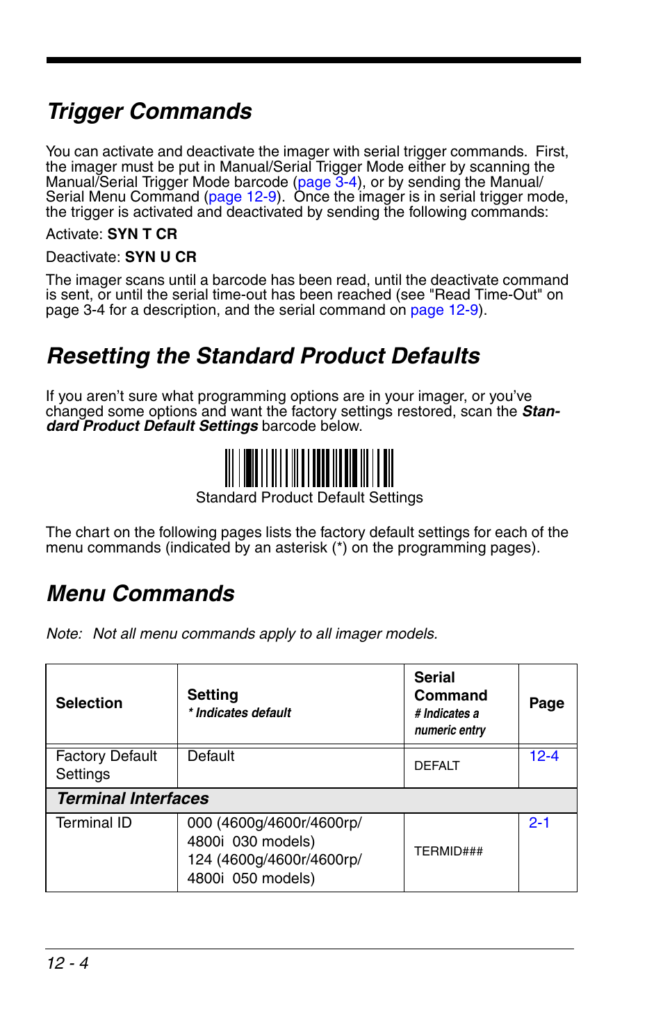 Trigger commands, Resetting the standard product defaults, Menu commands | Ger command (see | HandHeld Entertainment 4600r User Manual | Page 192 / 244