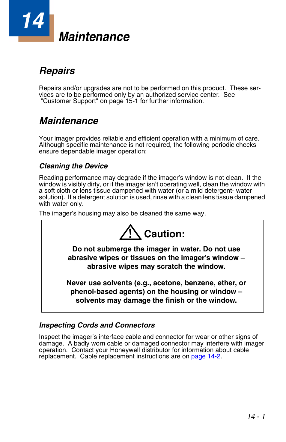 Maintenance, Repairs, Cleaning the device | Inspecting cords and connectors, Chapter 14 - maintenance, Repairs -1 maintenance -1, Caution | HandHeld Entertainment 4600r User Manual | Page 223 / 244