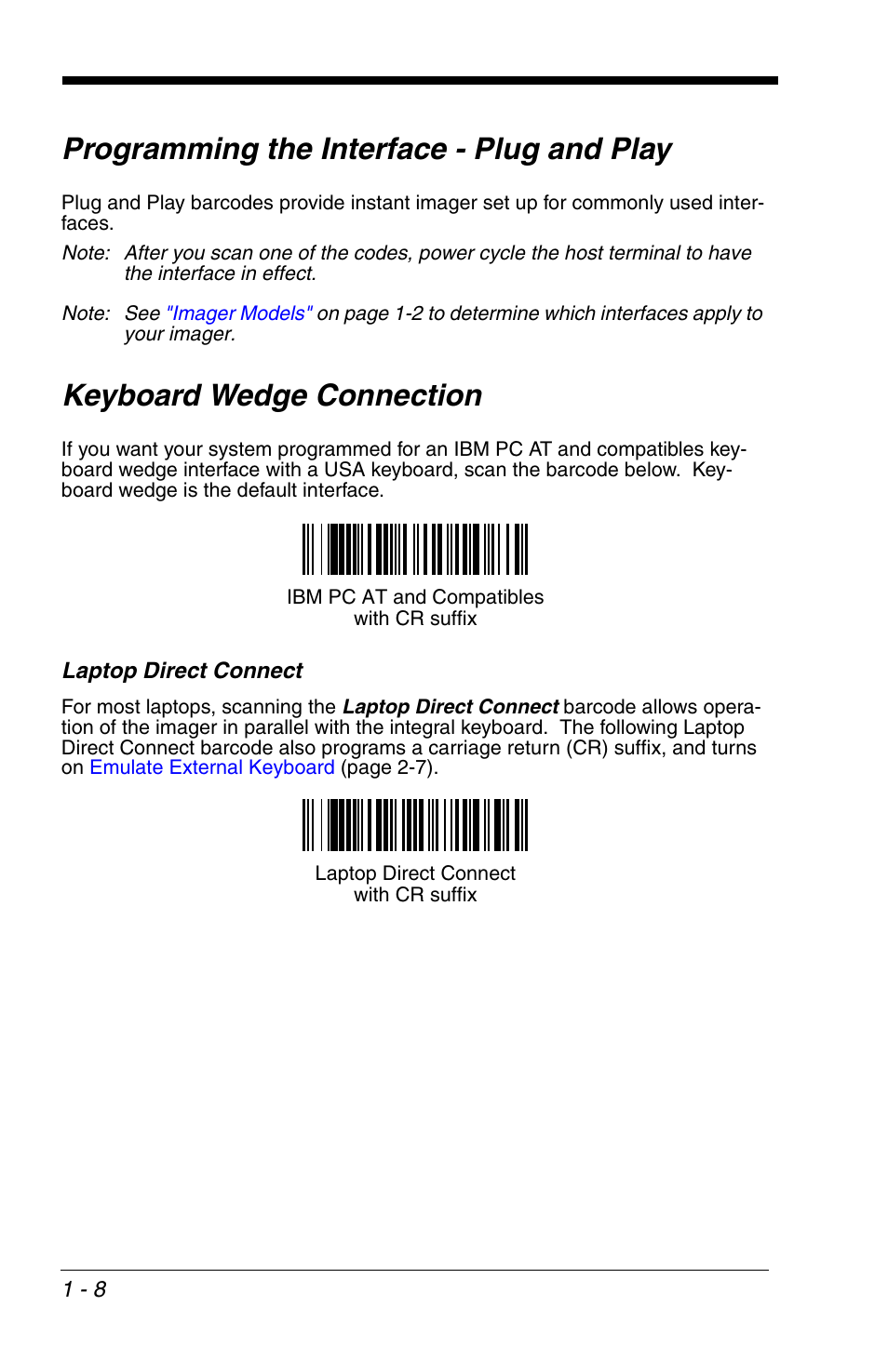 Programming the interface - plug and play, Keyboard wedge connection, Laptop direct connect | Laptop direct connect -8, Barcodes beginning on | HandHeld Entertainment 4600r User Manual | Page 24 / 244