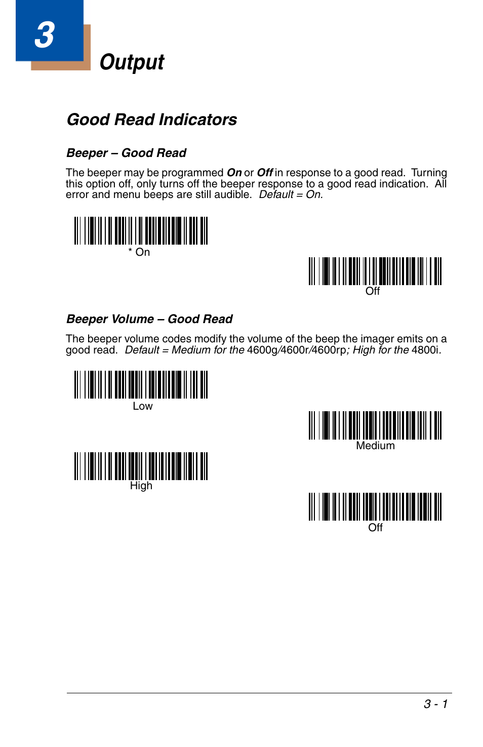 Output, Good read indicators, Beeper – good read | Beeper volume – good read, Chapter 3 - output, Good read indicators -1, Beeper – good read -1 beeper volume – good read -1, Chapter 3 | HandHeld Entertainment 4600r User Manual | Page 49 / 244